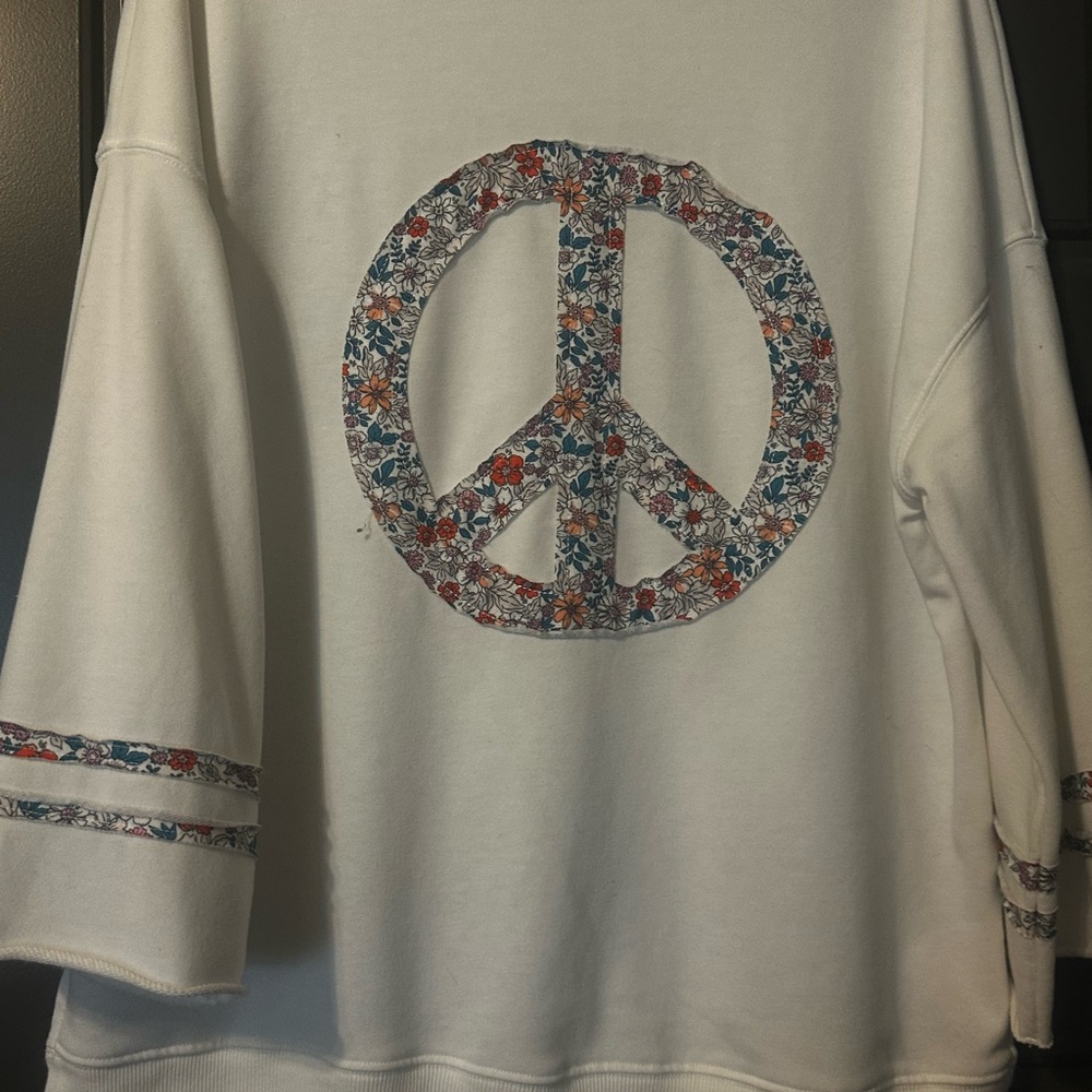 White Sweatshirt with Floral Peace Sign